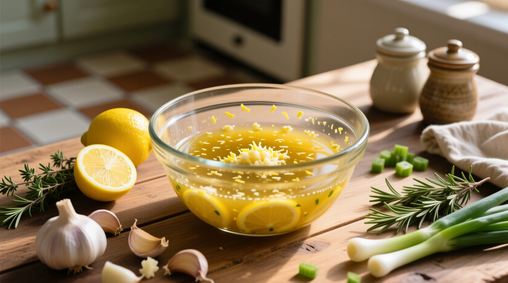 Homemade lemon garlic marinade in glass bowl with fresh ingredients