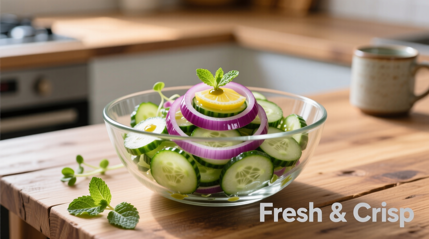 Fresh cucumber salad with red onions in glass bowl