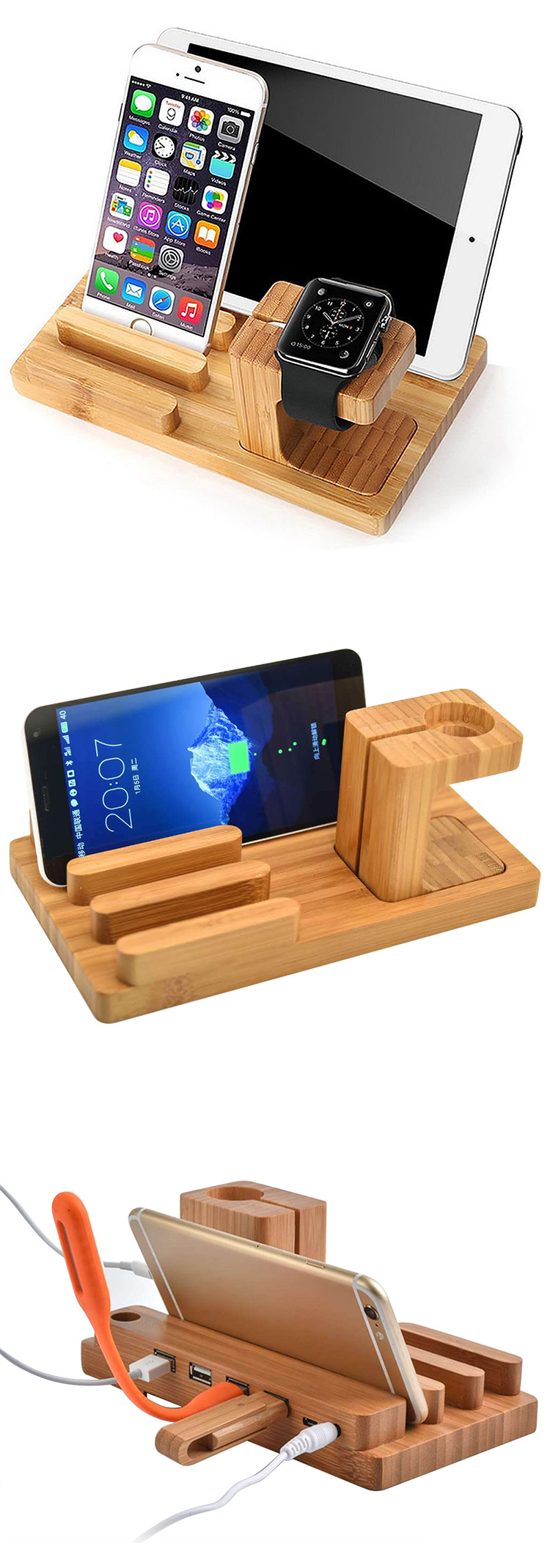 Wooden Mobile Phone Watch Charger Holders Stand Charging Dock Station Tablet Desk Holder Support Natural Bamboo Universal CN;GUA