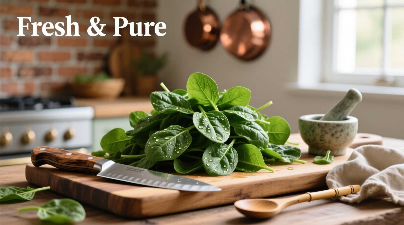 Fresh spinach leaves on cutting board with preparation tools