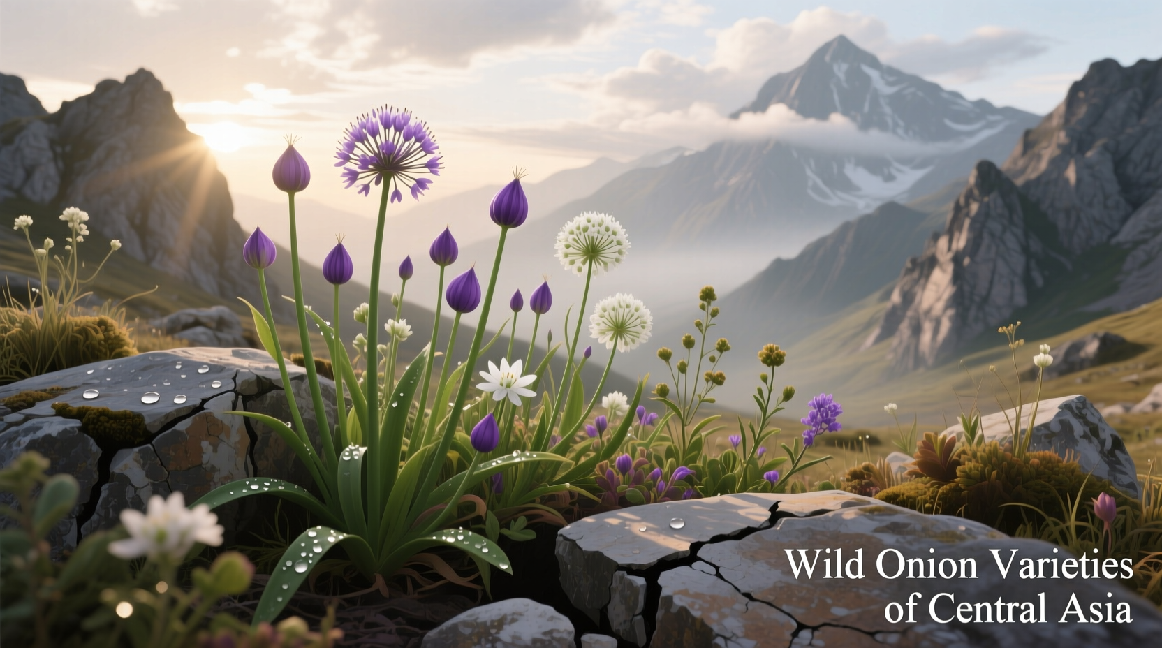 Wild onion varieties growing in Central Asian mountains