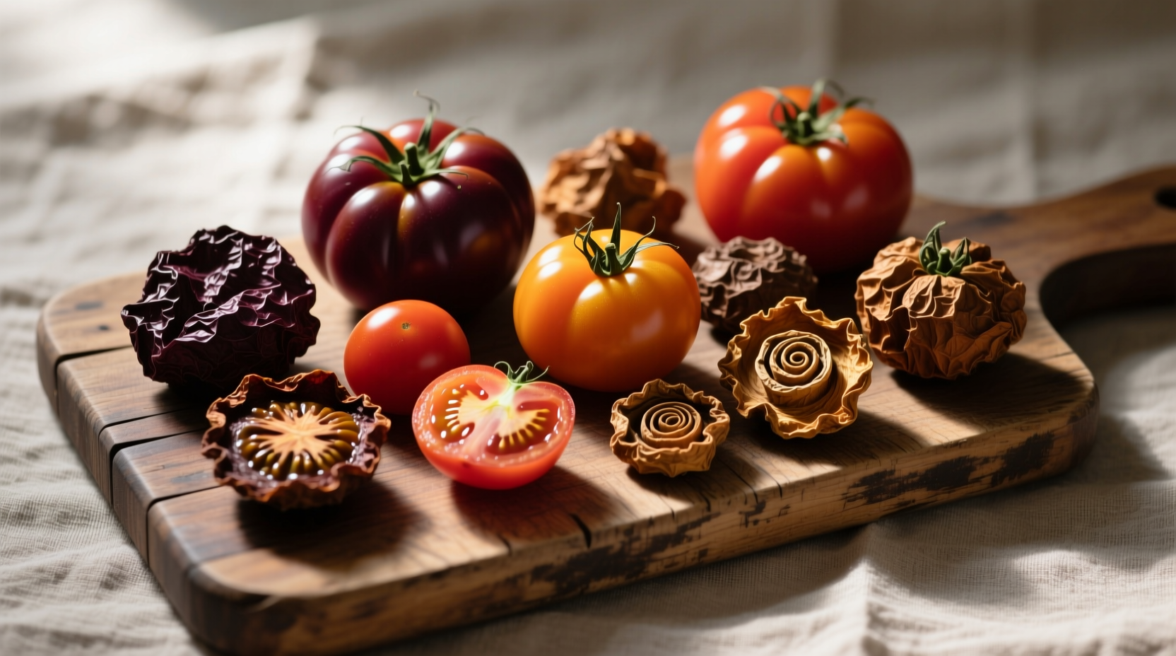 Varieties of dried tomatoes on wooden cutting board