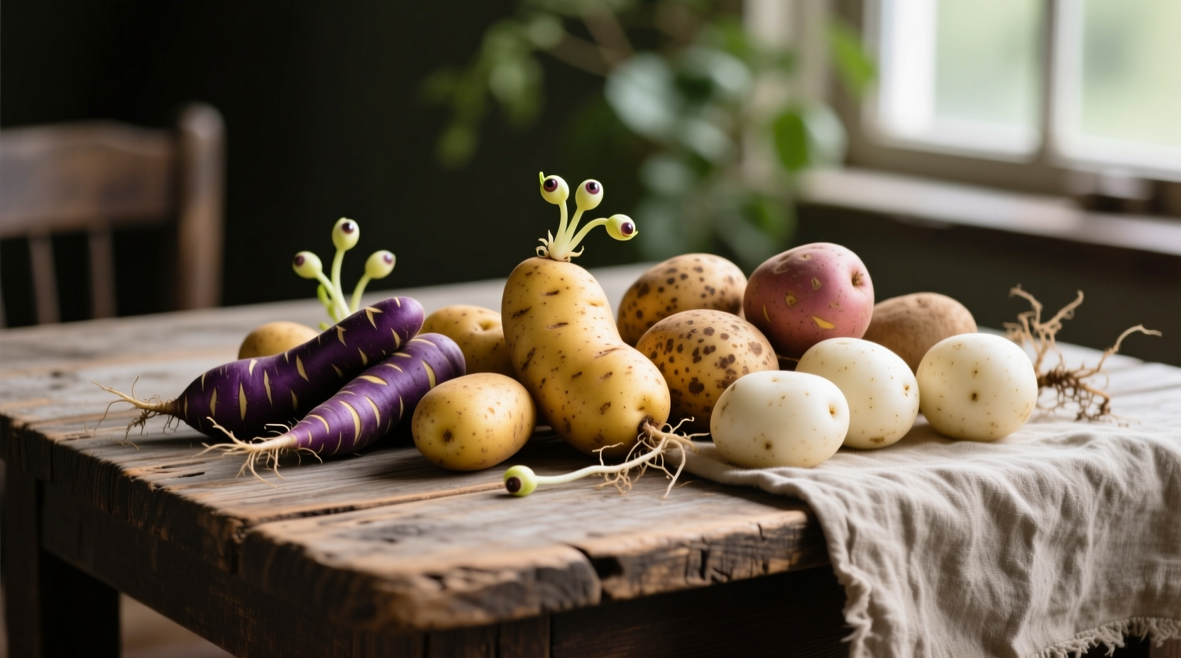 assorted specialty potatoes on wooden table