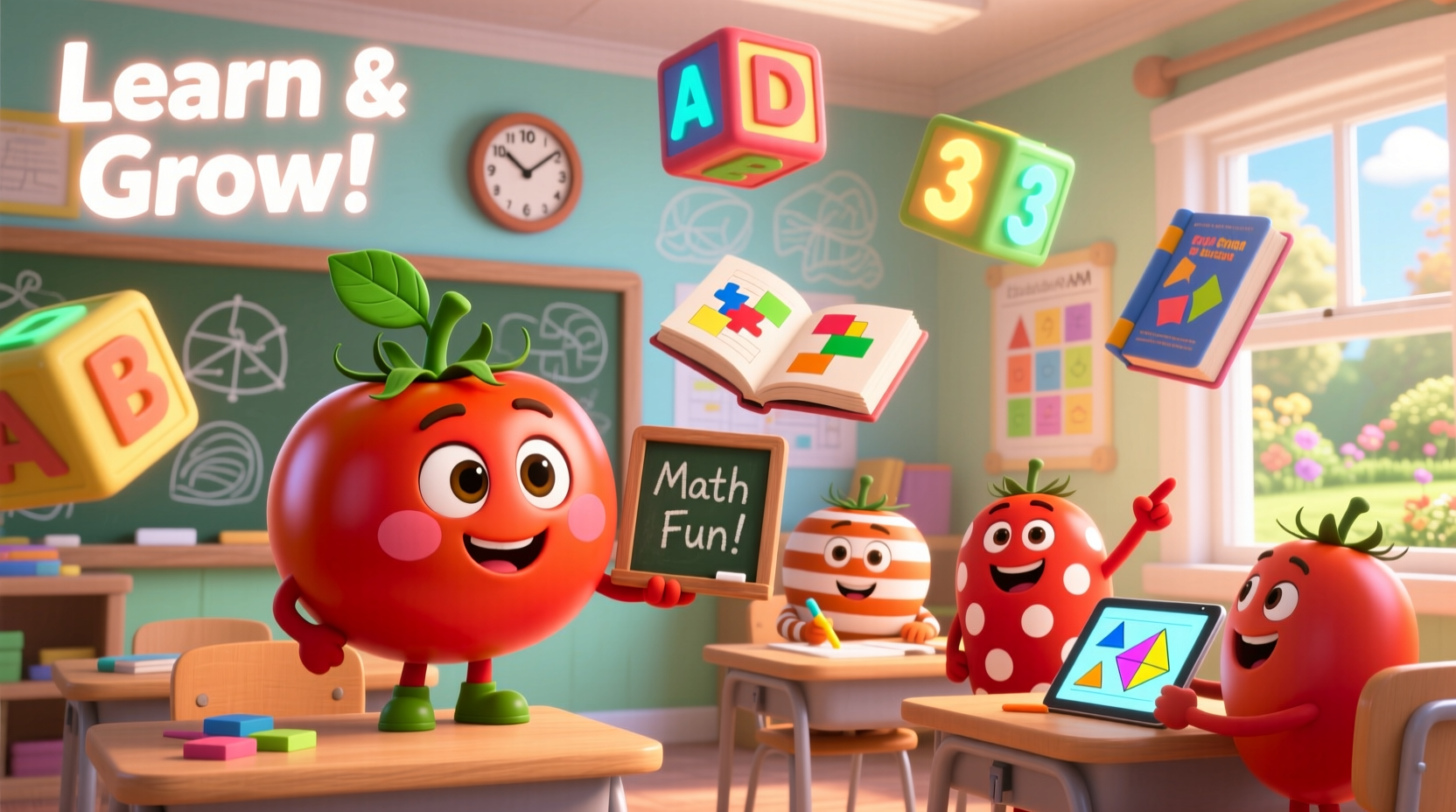Colorful tomato cartoon characters in educational setting