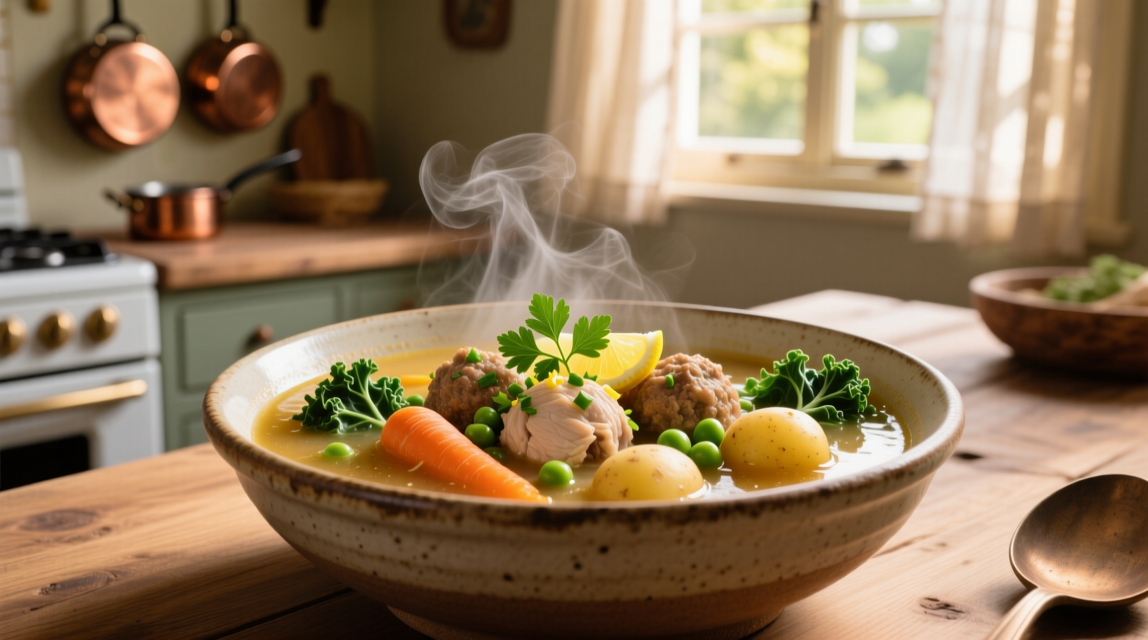 homemade bone broth chicken meatball veggie soup
