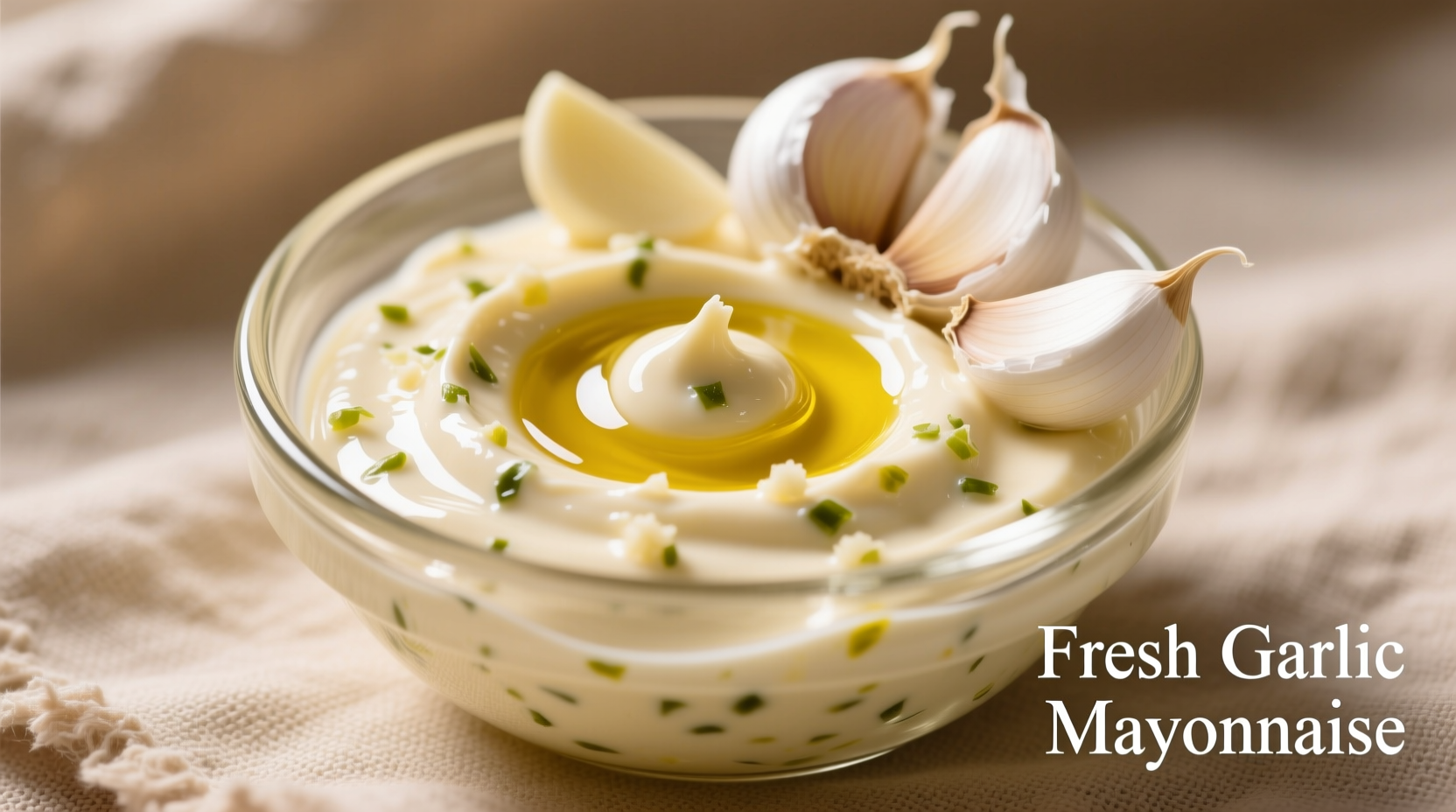 Creamy garlic mayonnaise in glass bowl with fresh garlic