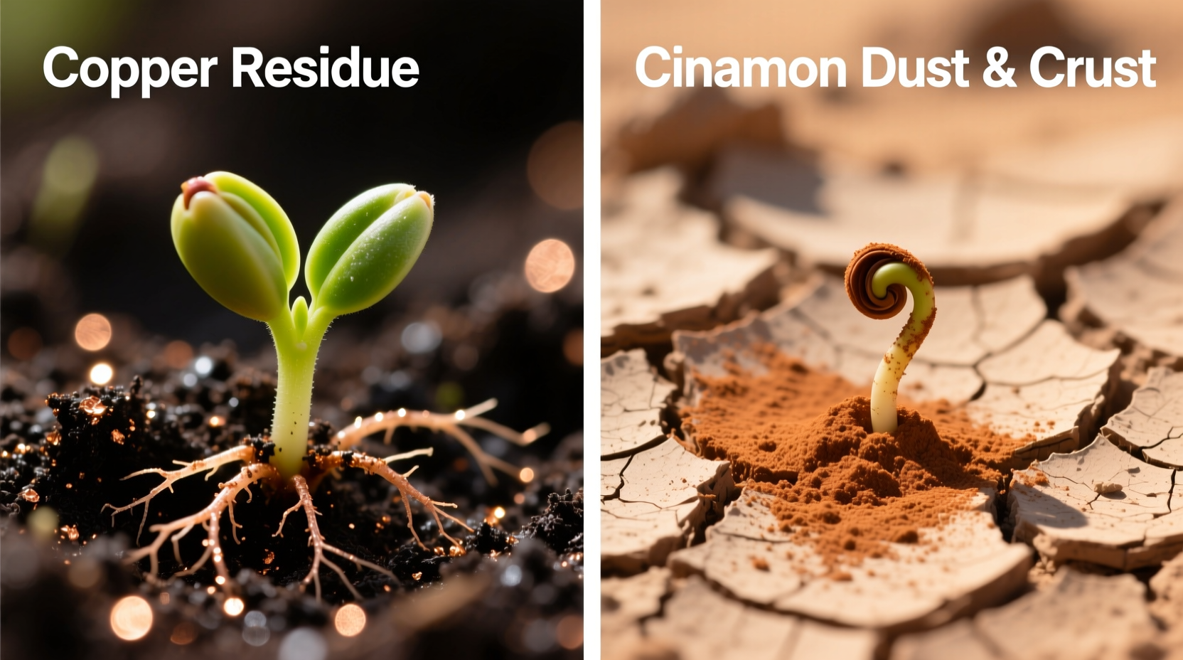 Side-by-side macro photos: left shows healthy seedling soil with faint copper residue visible on surface; right shows cinnamon-dusted soil with cracked, dry crust and stunted radicle emergence