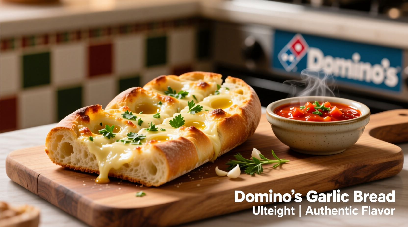 Domino's garlic bread served with marinara dipping sauce