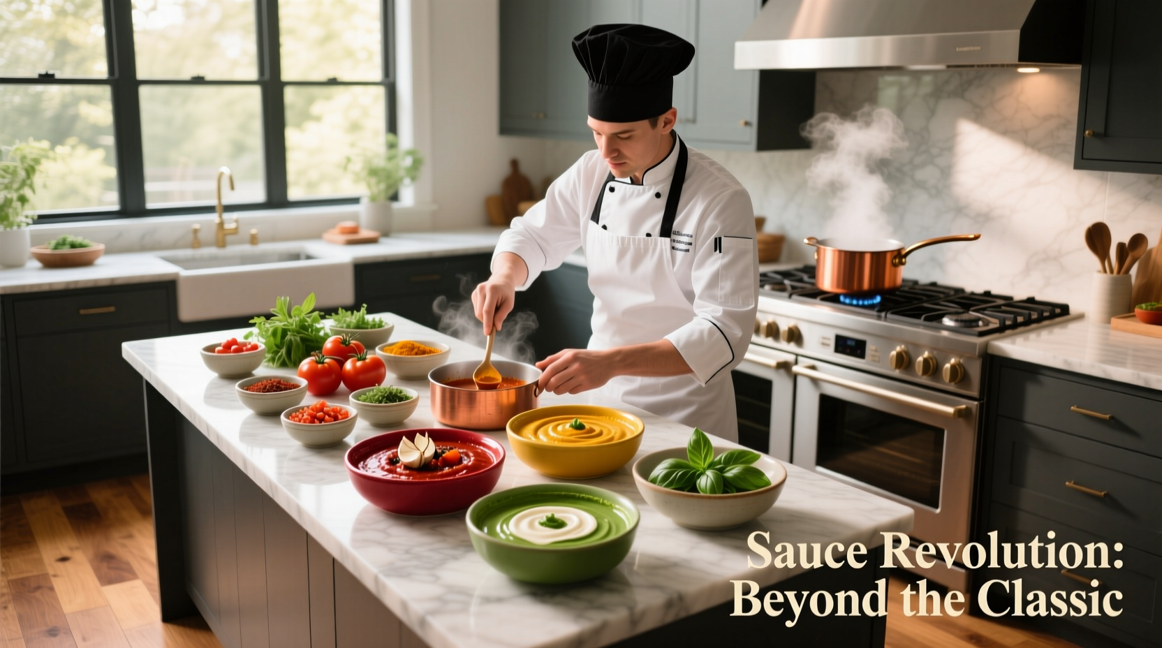 Chef preparing tomato sauce alternatives in kitchen
