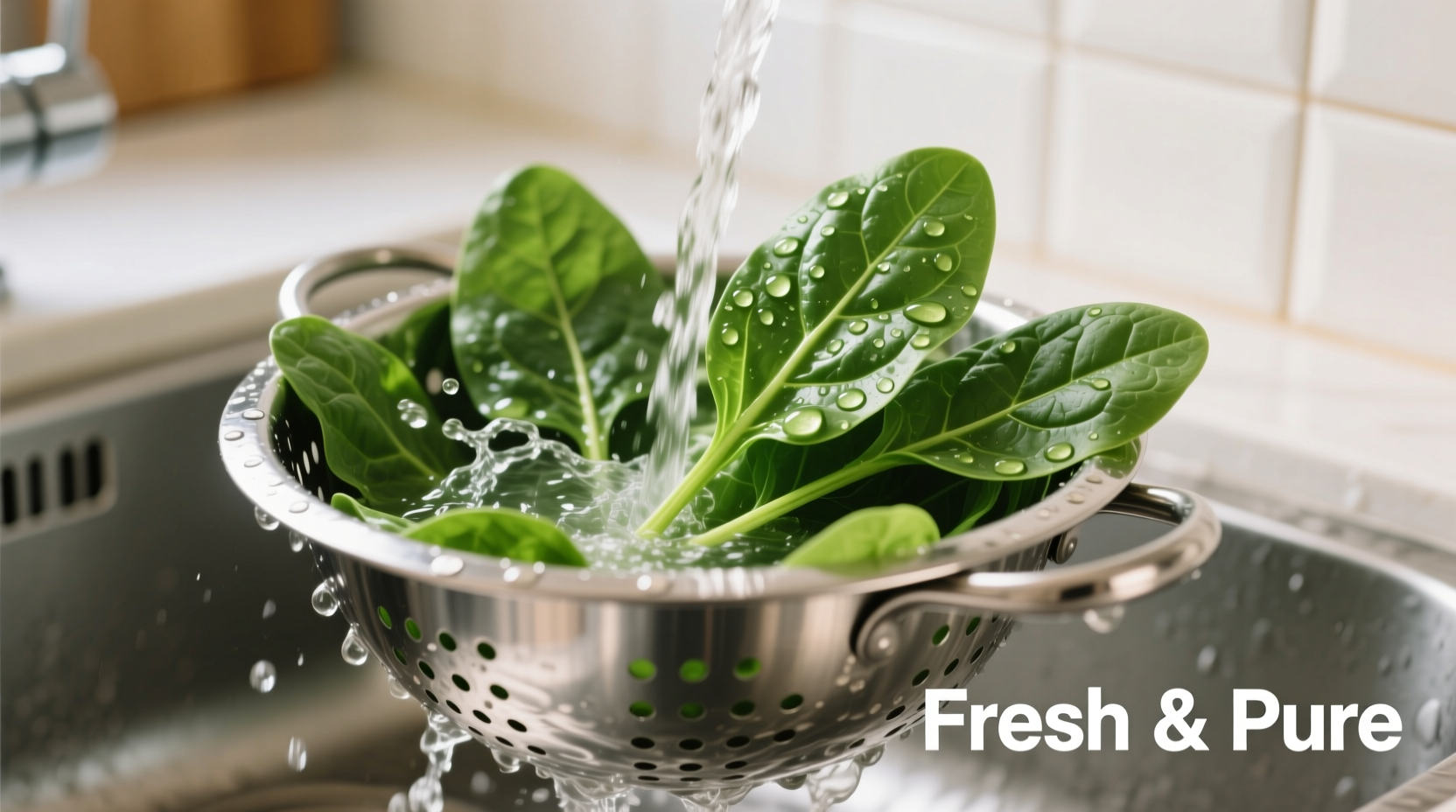 Fresh spinach leaves in a colander being washed under running water