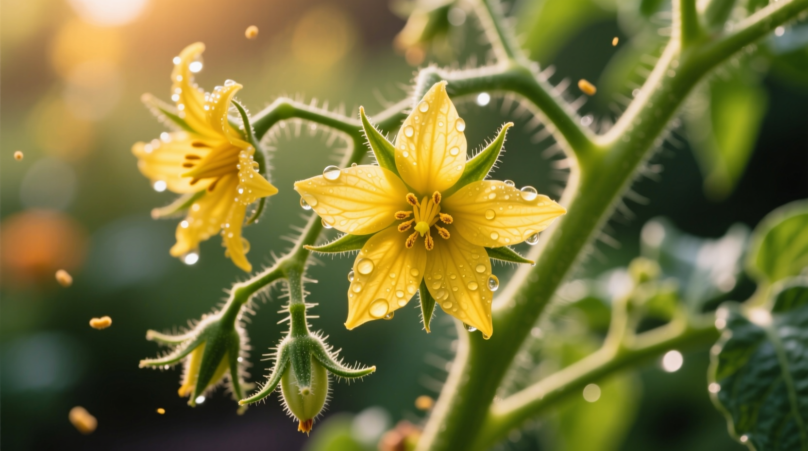 Close-up of healthy yellow tomato blossoms on vine
