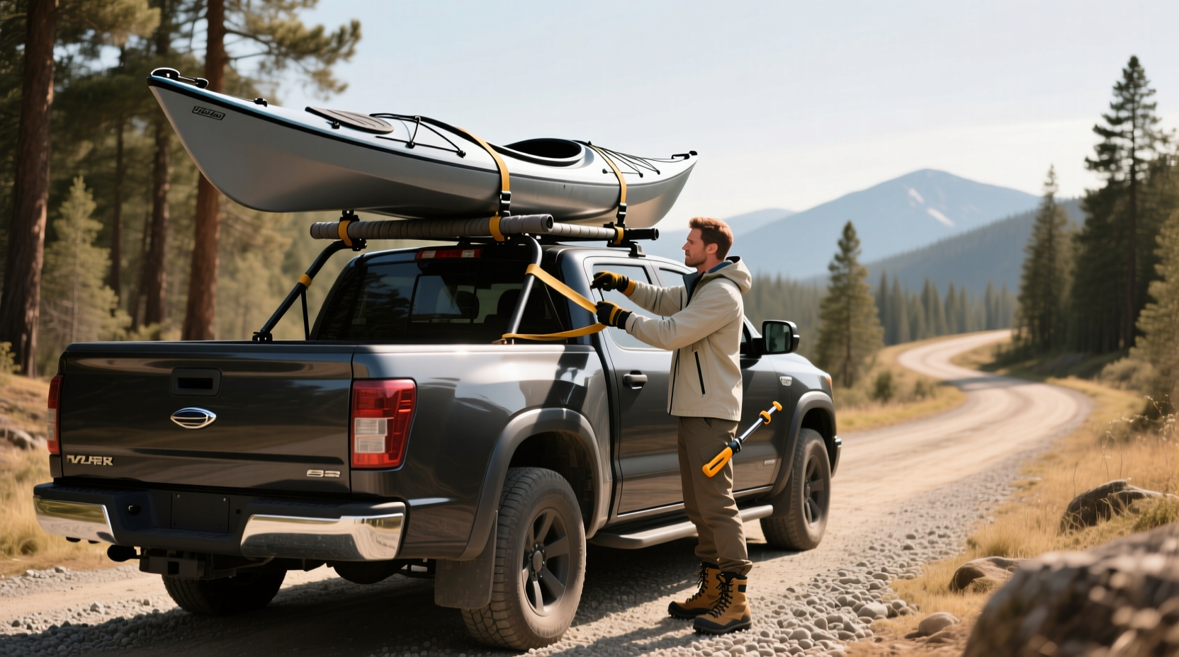 Person securing kayak in truck bed with adjustable straps and bow stopper