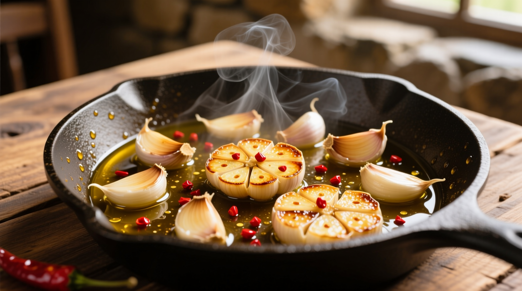 Golden garlic slices cooking in olive oil with red pepper flakes