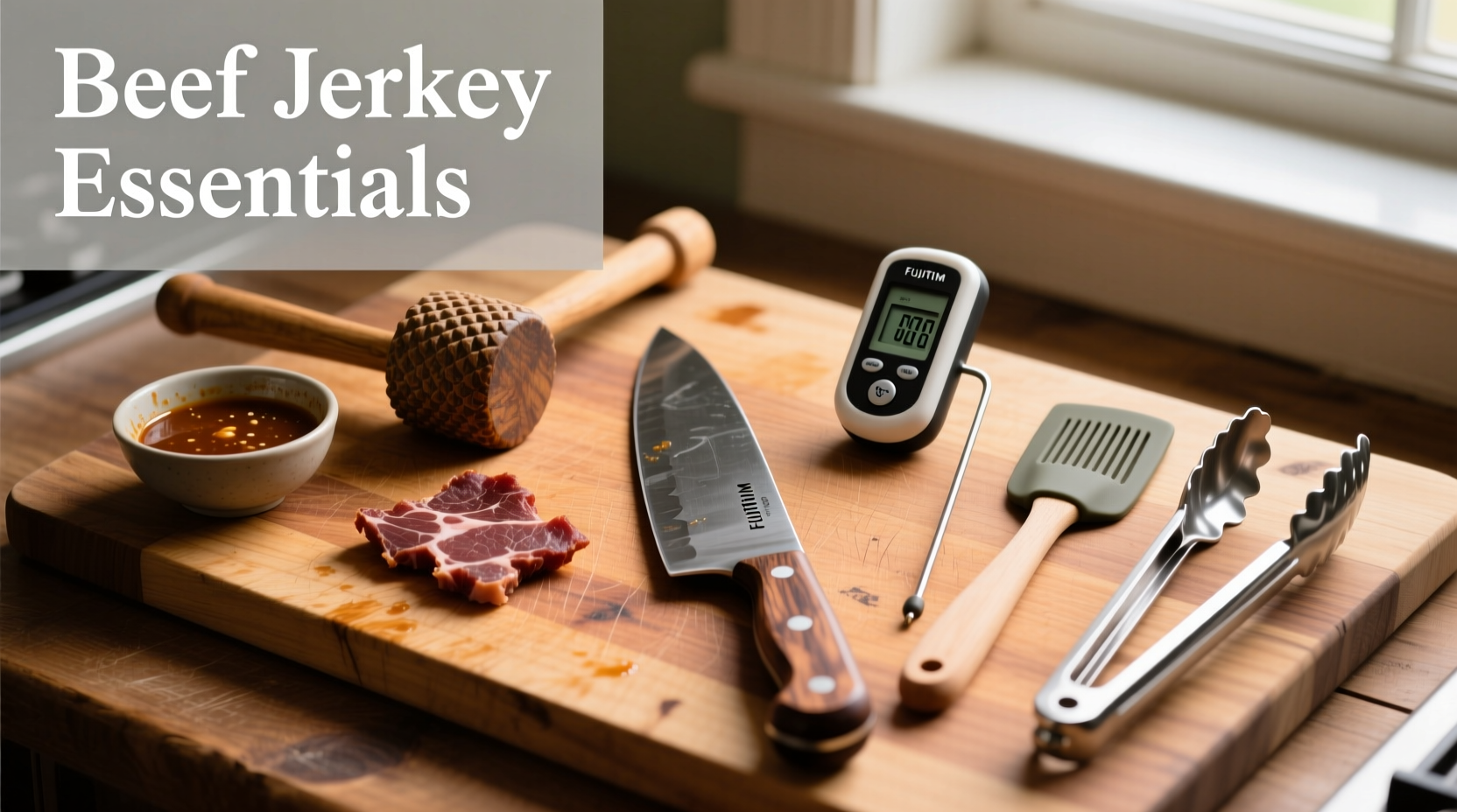 Essential kitchen tools for beef jerky preparation on wooden surface