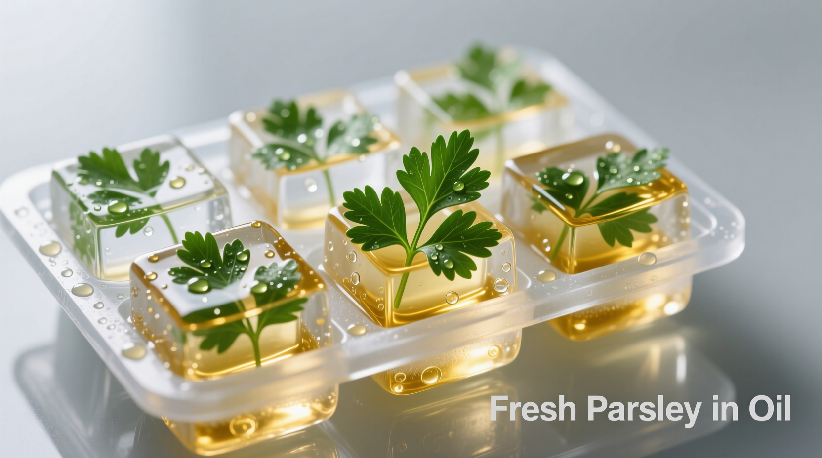 Fresh parsley preserved in oil cubes in ice tray