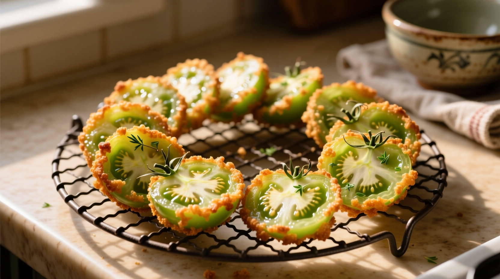Golden fried green tomatoes on wire rack