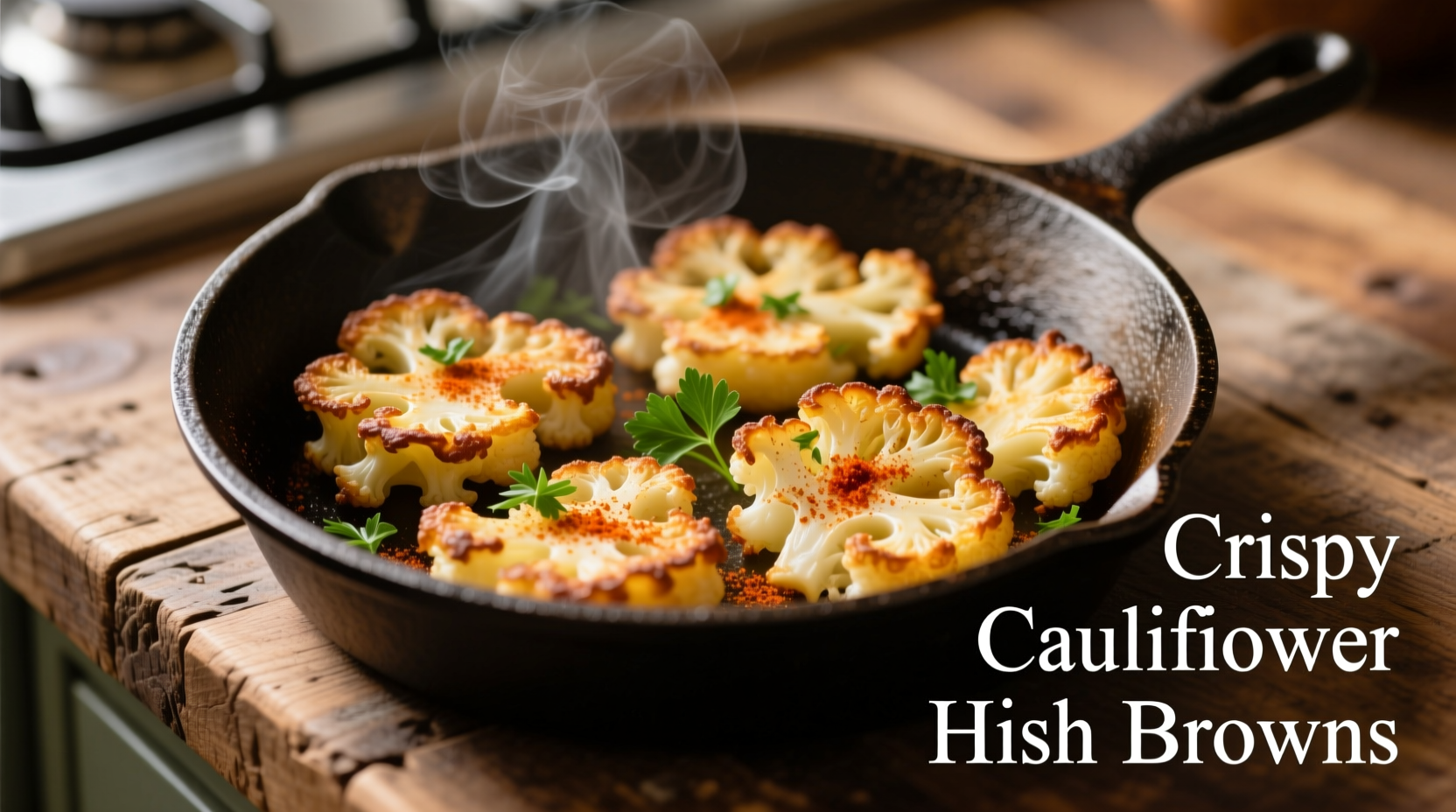 Golden brown cauliflower hash browns in cast iron skillet