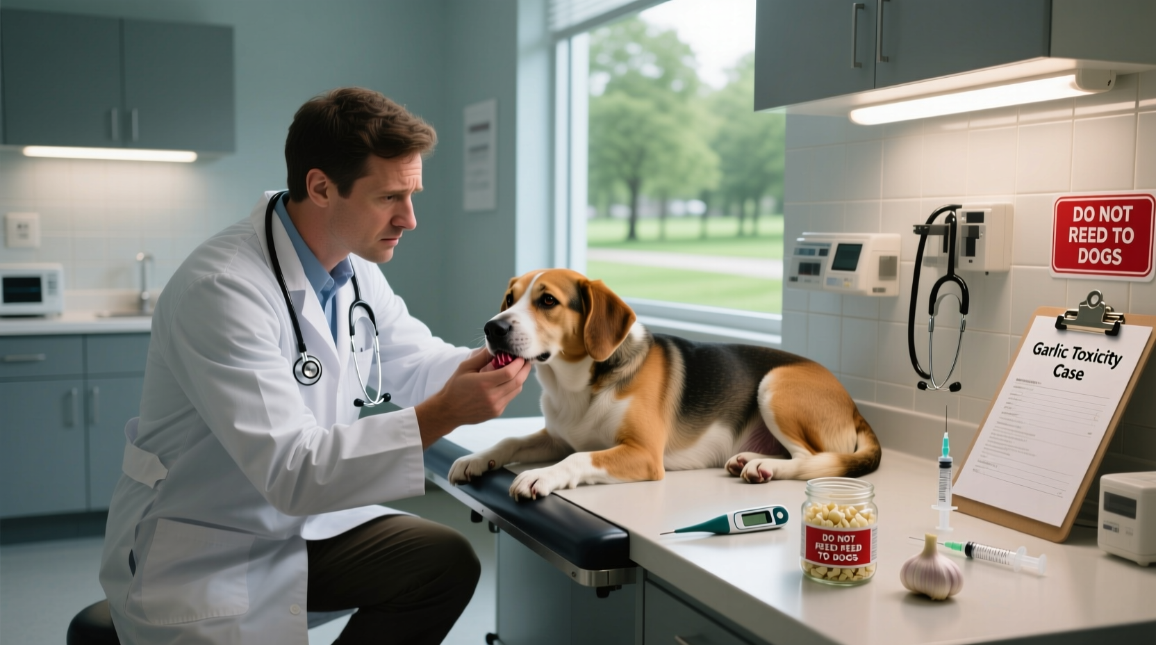 Veterinarian examining dog with garlic toxicity symptoms
