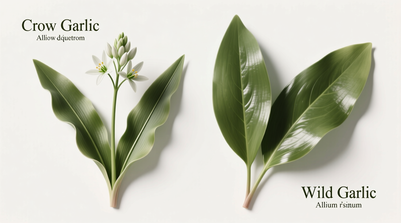 Close-up comparison of crow garlic and wild garlic leaves