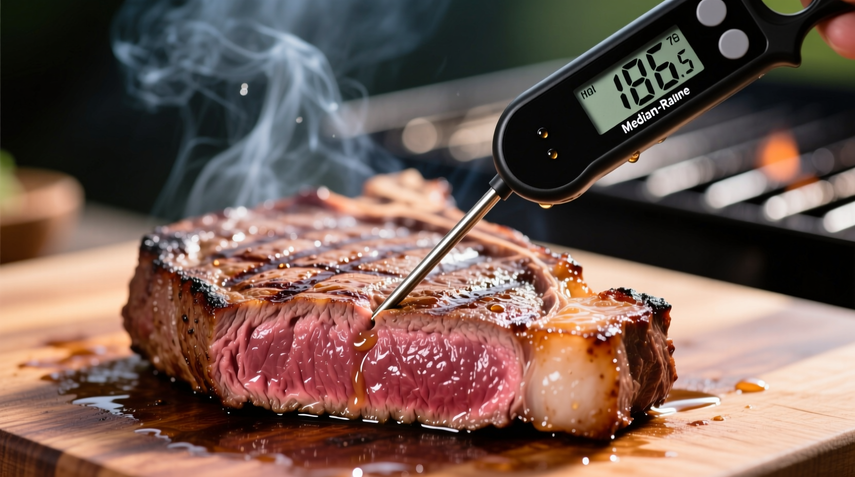 Digital meat thermometer inserted into a steak