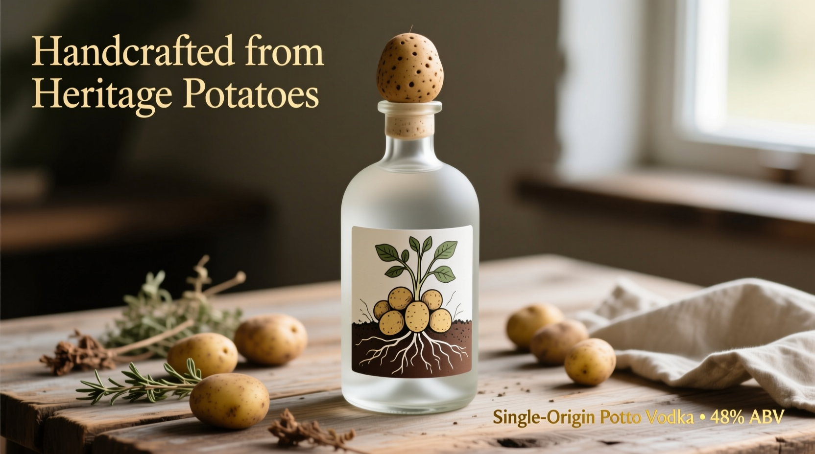 Artisanal potato vodka bottle with potatoes