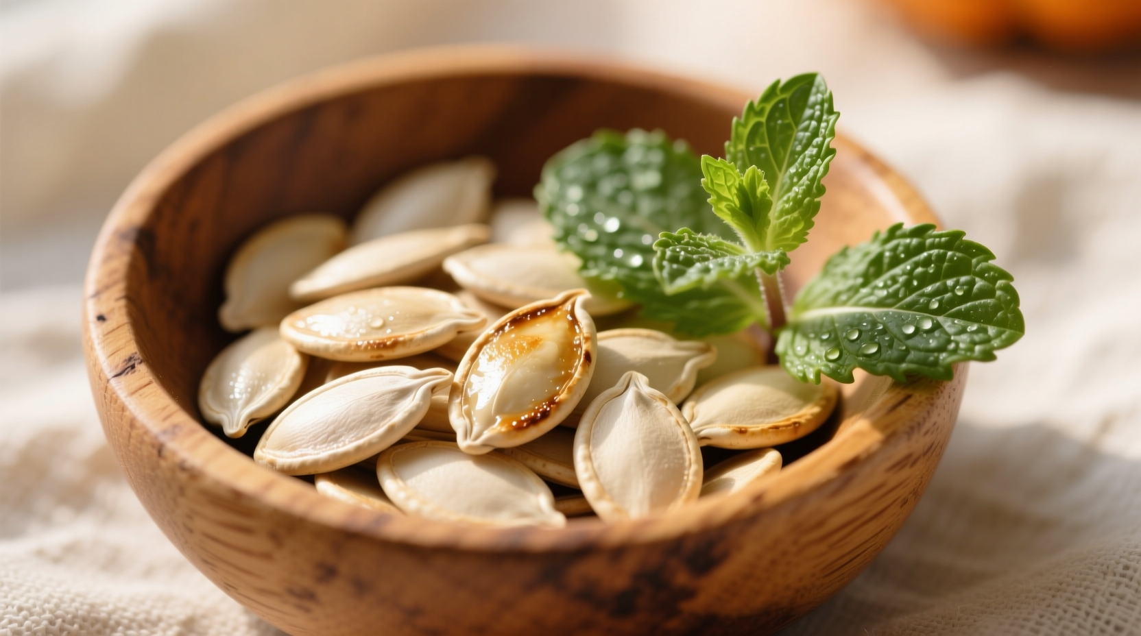 Fresh pumpkin seeds in wooden bowl with sprig