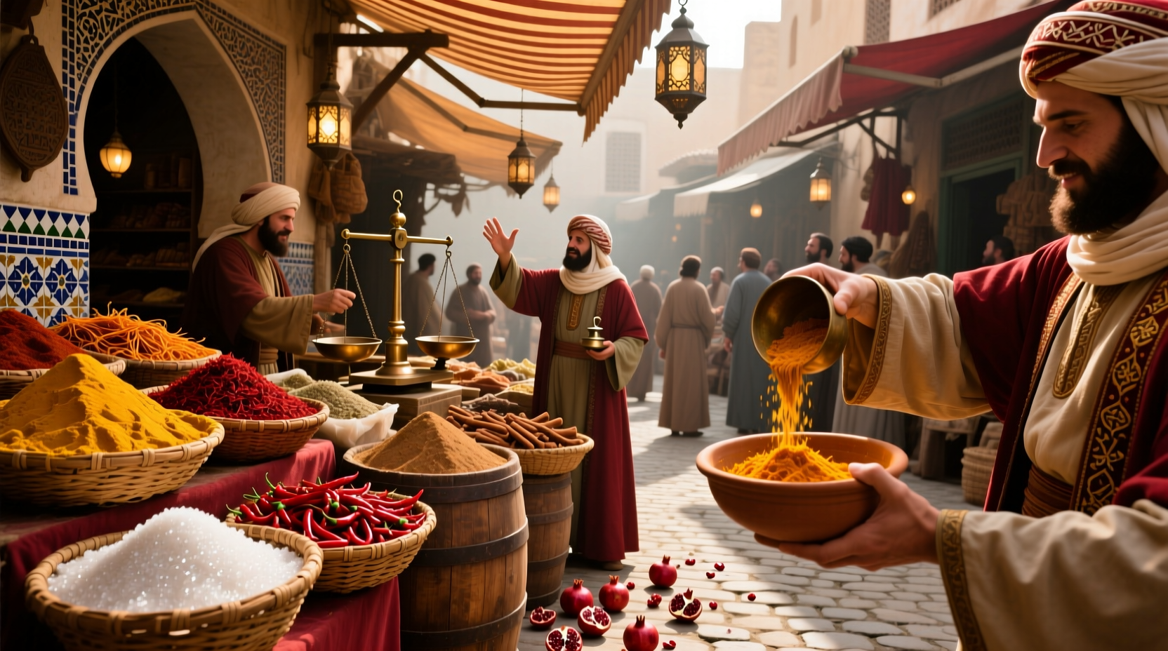 Historical spice market with sugar and spices
