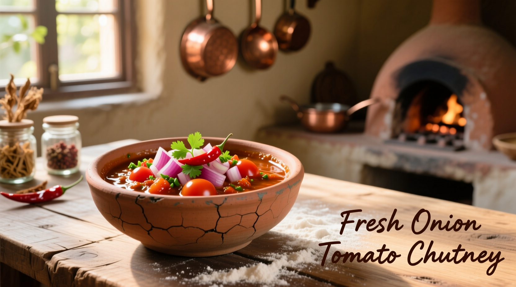 Fresh onion tomato chutney in traditional clay bowl