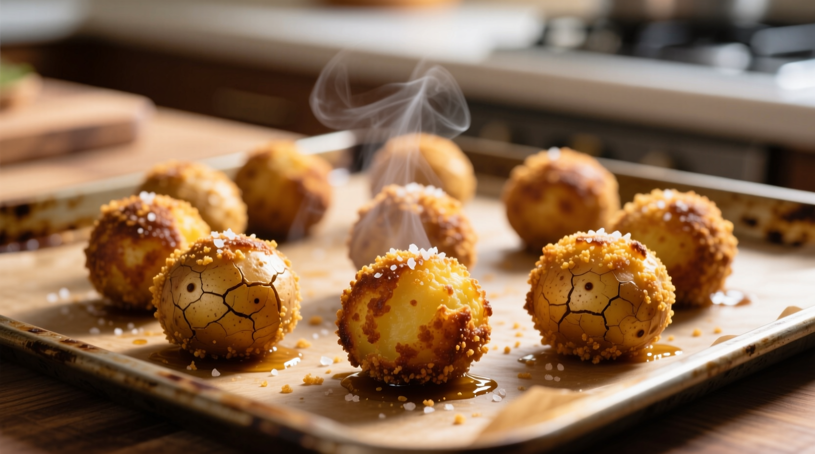 Golden brown Portos potato balls on baking sheet