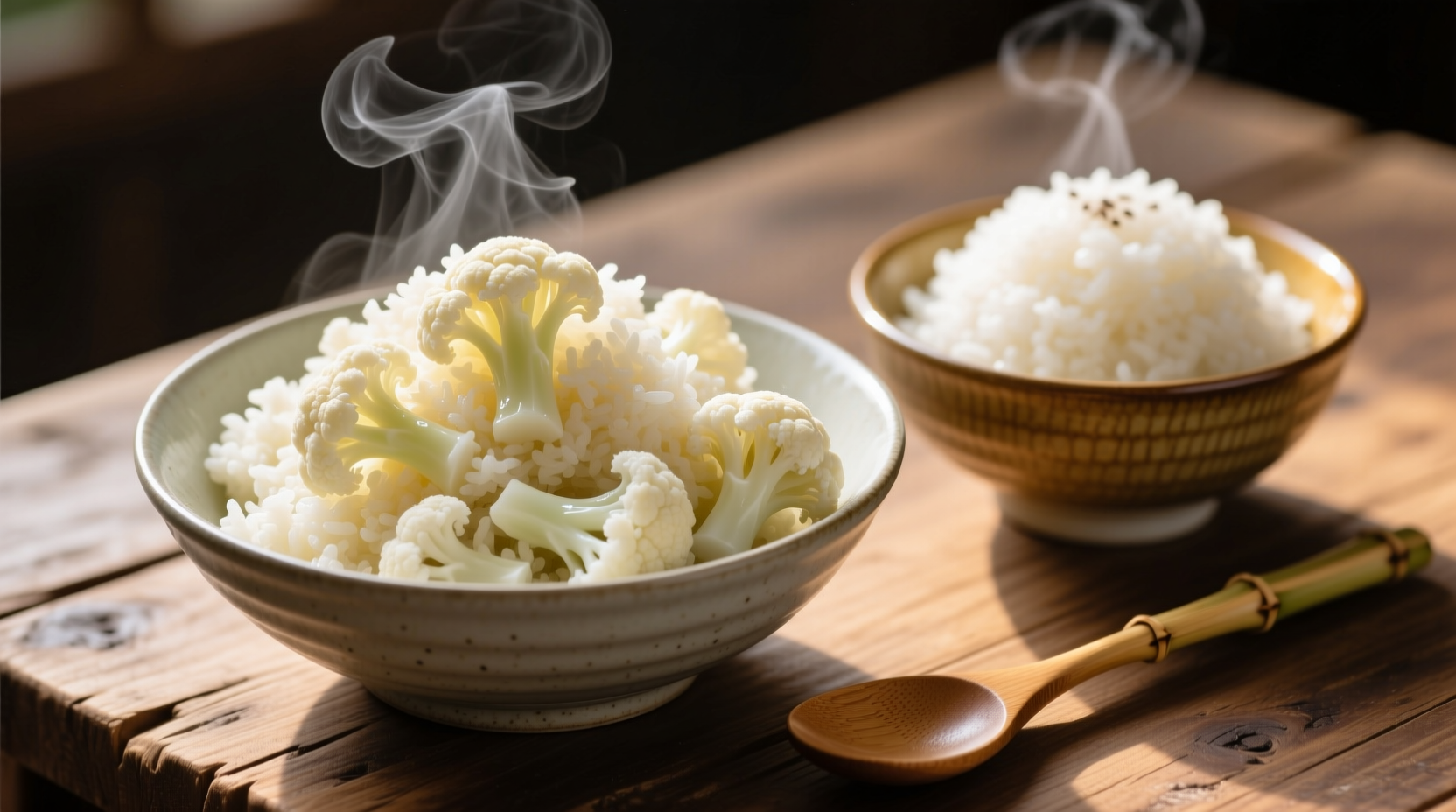 Fresh cauliflower rice next to traditional white rice