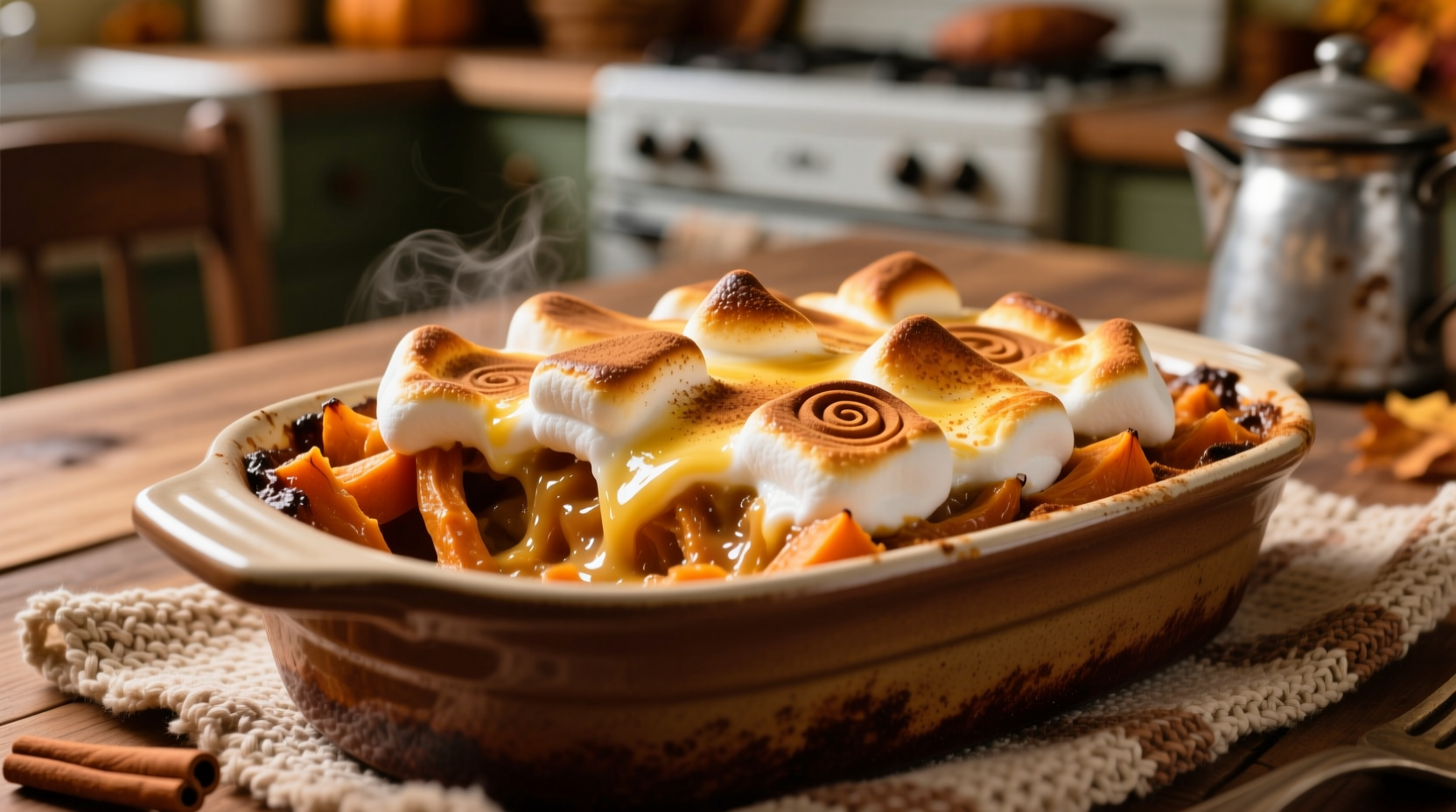 Golden-brown sweet potato casserole with melted marshmallows