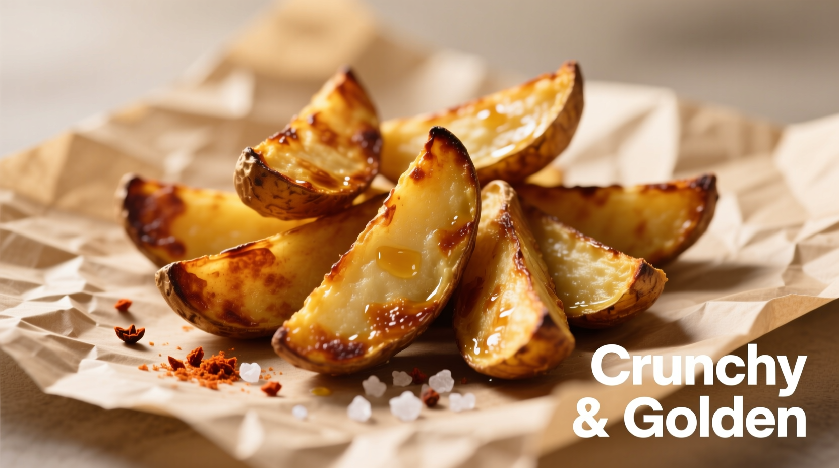 Golden baked potato wedges on parchment paper