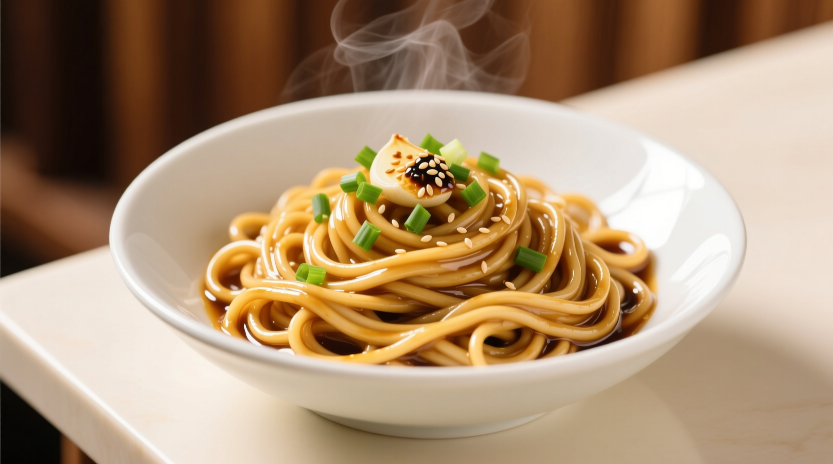 Perfect golden garlic noodles in white bowl