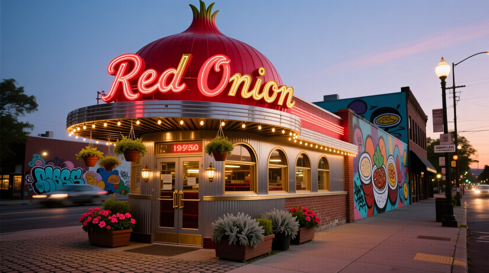 Red Onion restaurant exterior with vibrant signage in Portland's Alberta Arts District