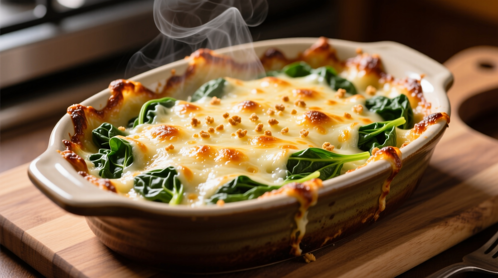 Cheesy spinach in oven-safe dish with melted cheese