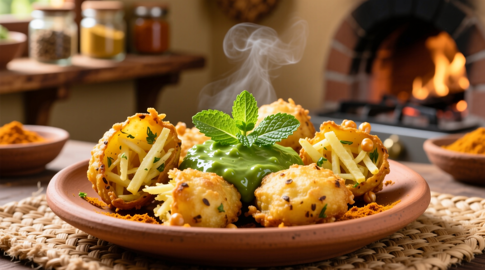 Golden crispy potato pakora served with mint chutney