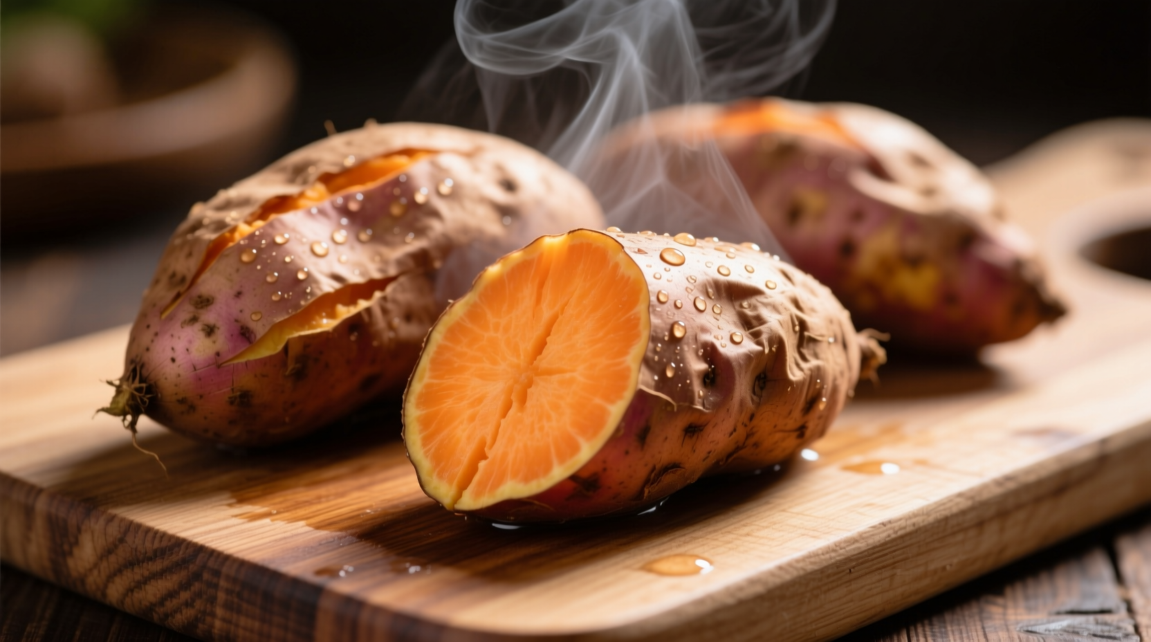 Boiled sweet potatoes with skin intact on wooden cutting board