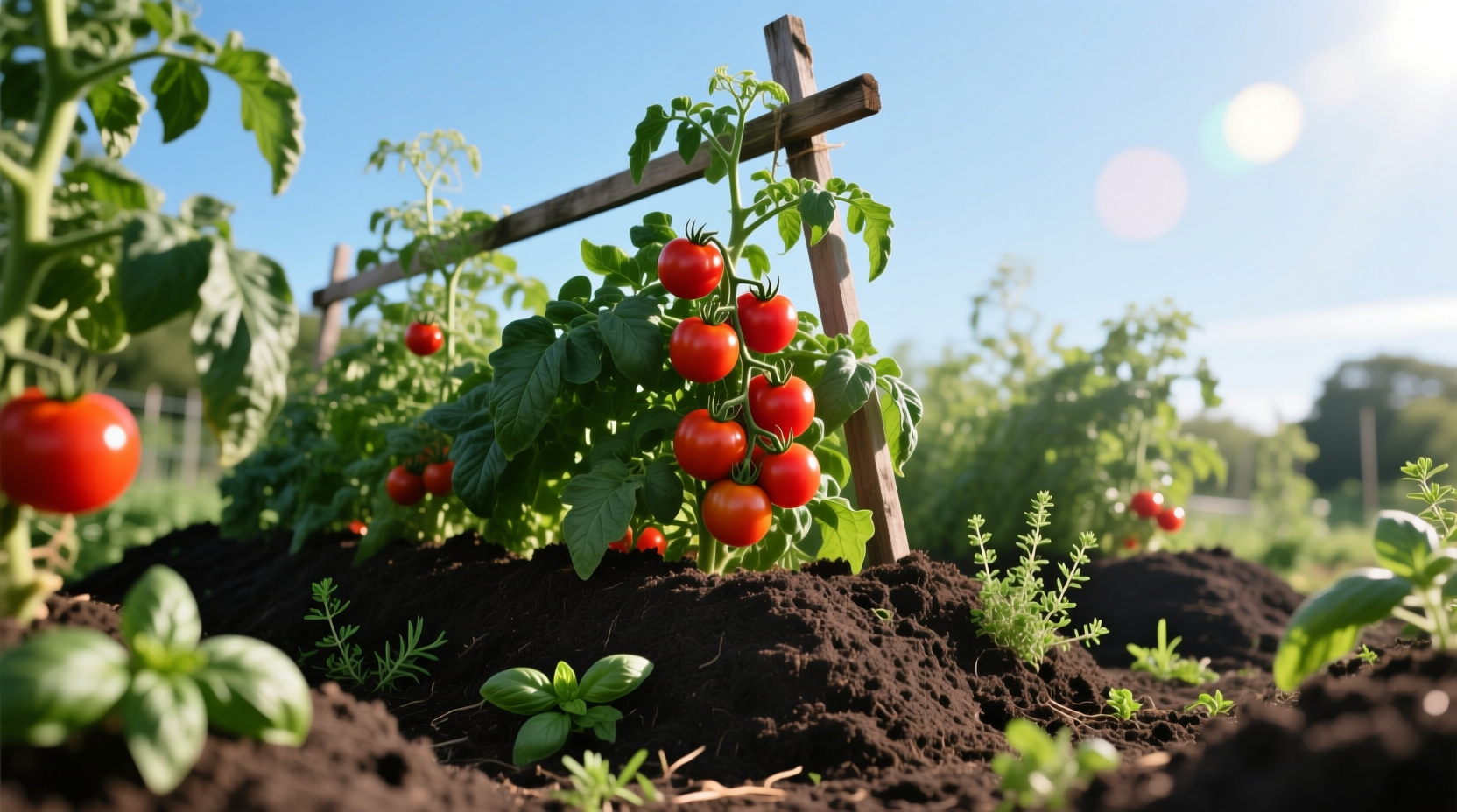 Tomato plants thriving in elevated soil mounds