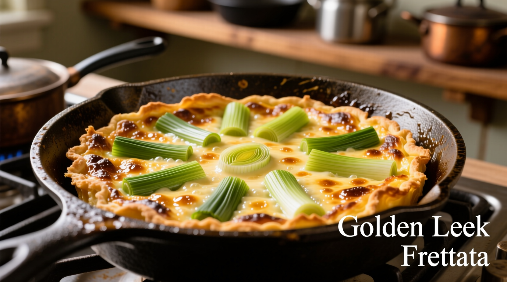 Perfect golden leek frittata in cast iron skillet
