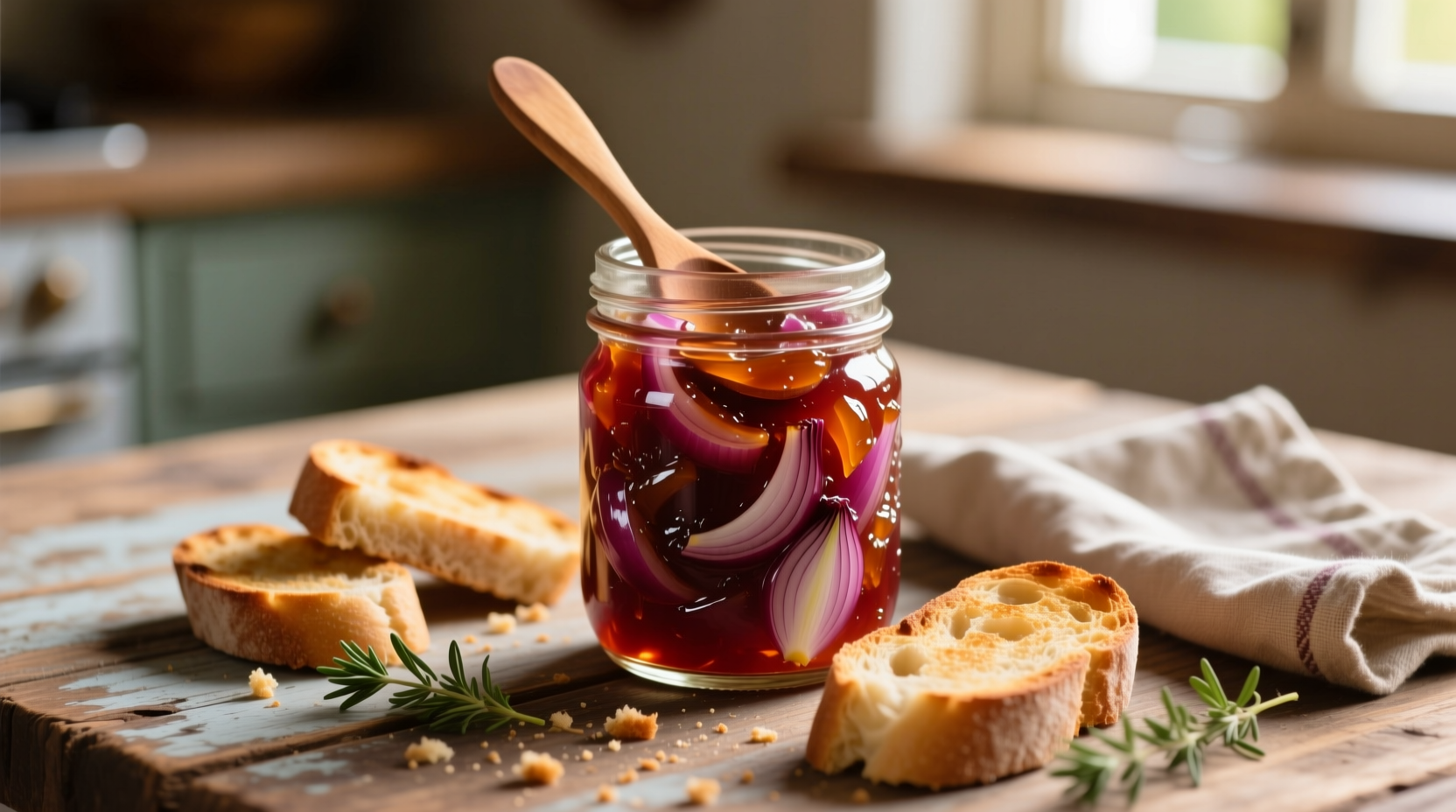 Homemade red onion jam in mason jar with crostini