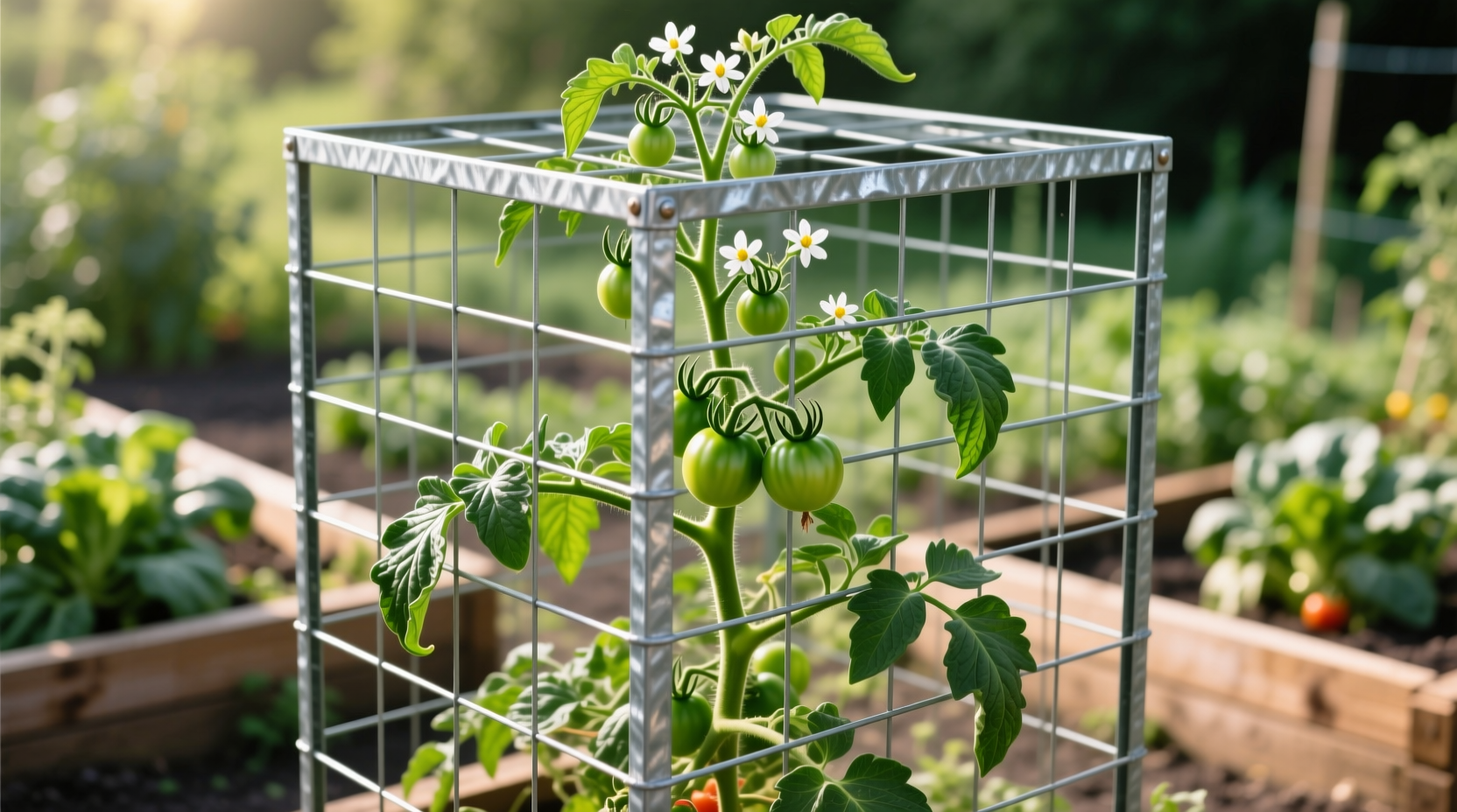 Square tomato cage supporting healthy indeterminate tomato plant