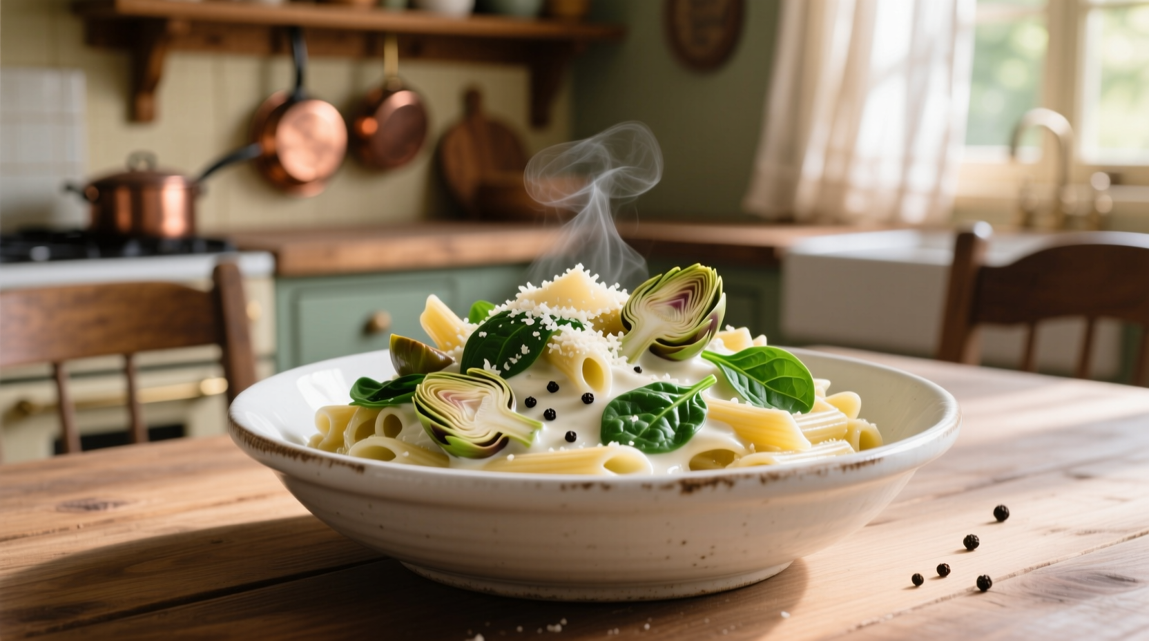 Creamy spinach artichoke pasta in white bowl