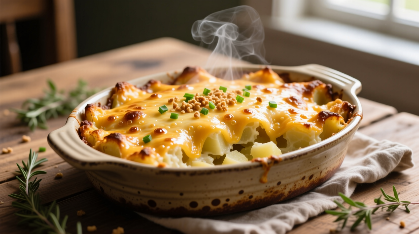 Golden baked potato casserole with melted cheese topping