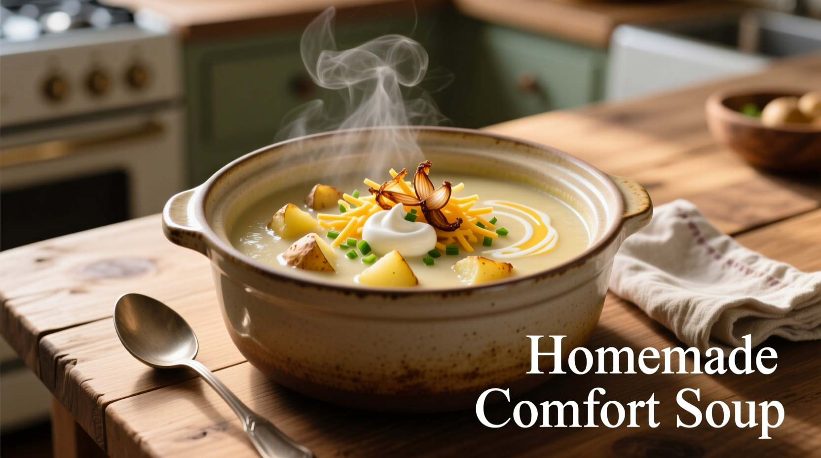 Creamy baked potato soup in crock pot with toppings