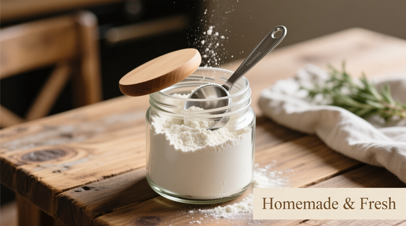 Homemade cauliflower flour in glass jar with measuring spoon