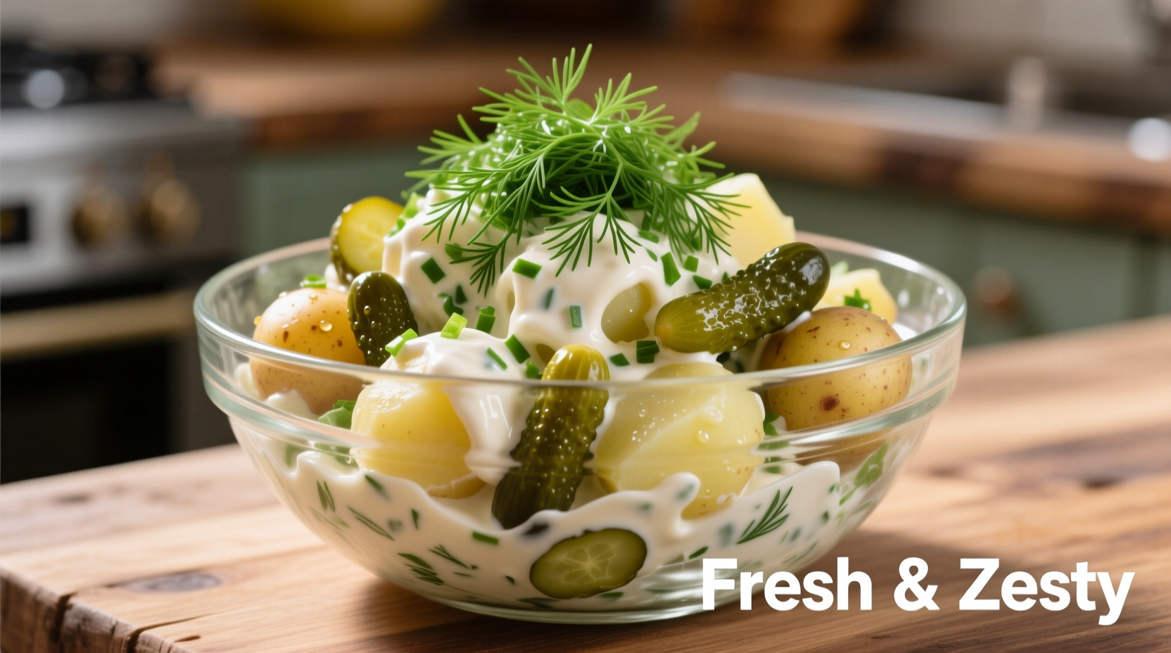 Creamy pickle potato salad in glass bowl with fresh dill garnish