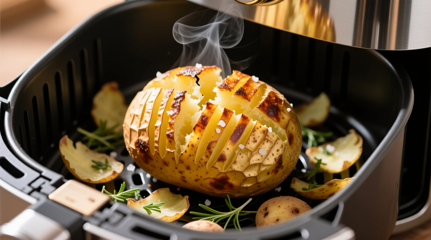 Golden baked potato with crispy skin in air fryer basket