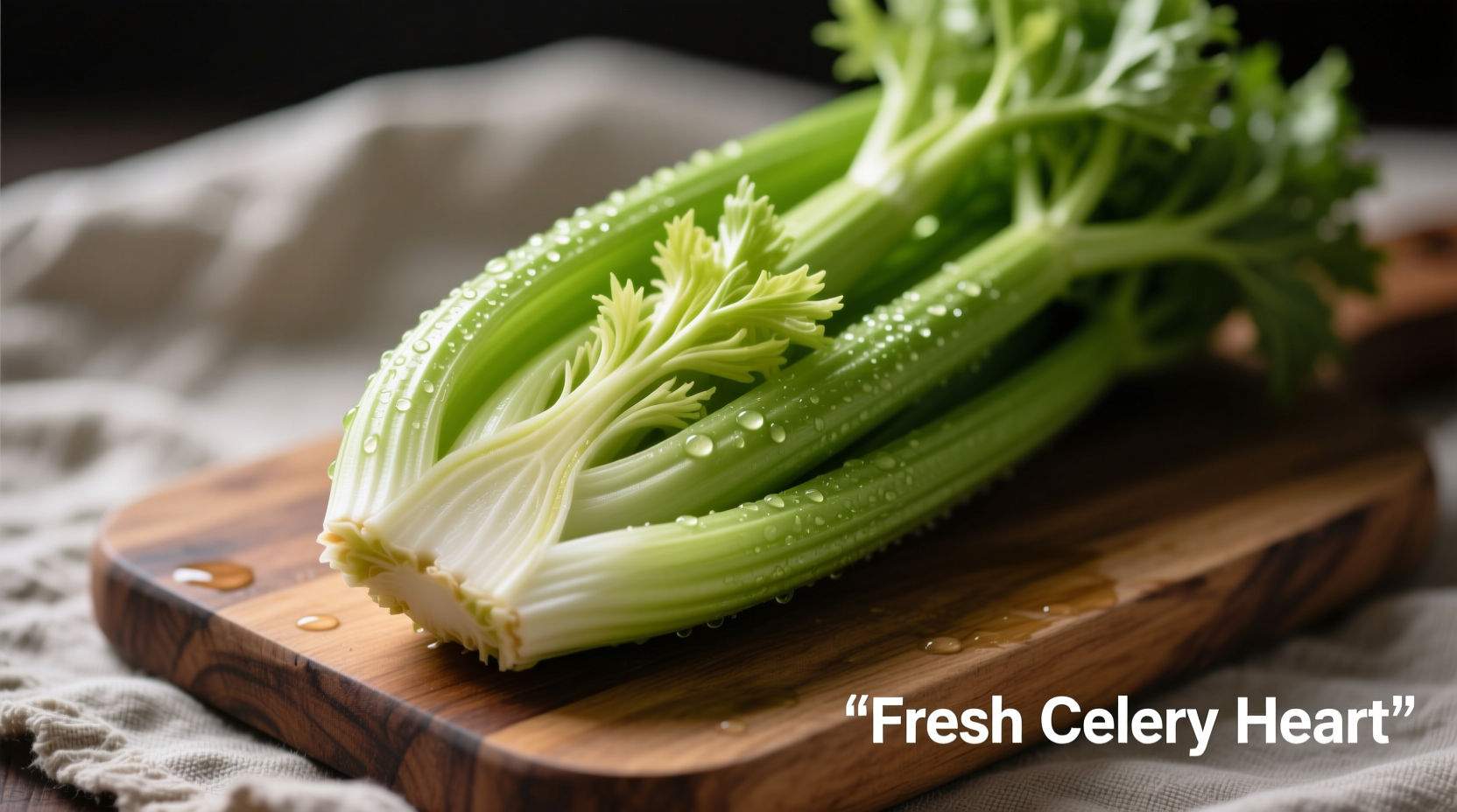 Fresh celery heart with crisp inner stalks on cutting board