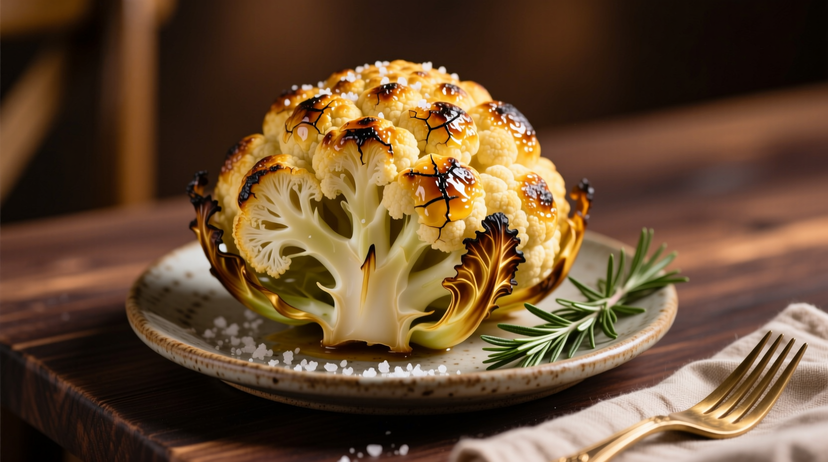 Golden roasted whole cauliflower on serving platter