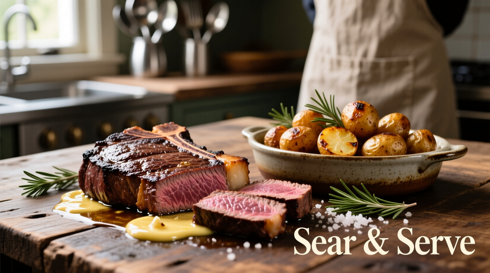 Perfectly seared steak with garlic butter and roasted potatoes